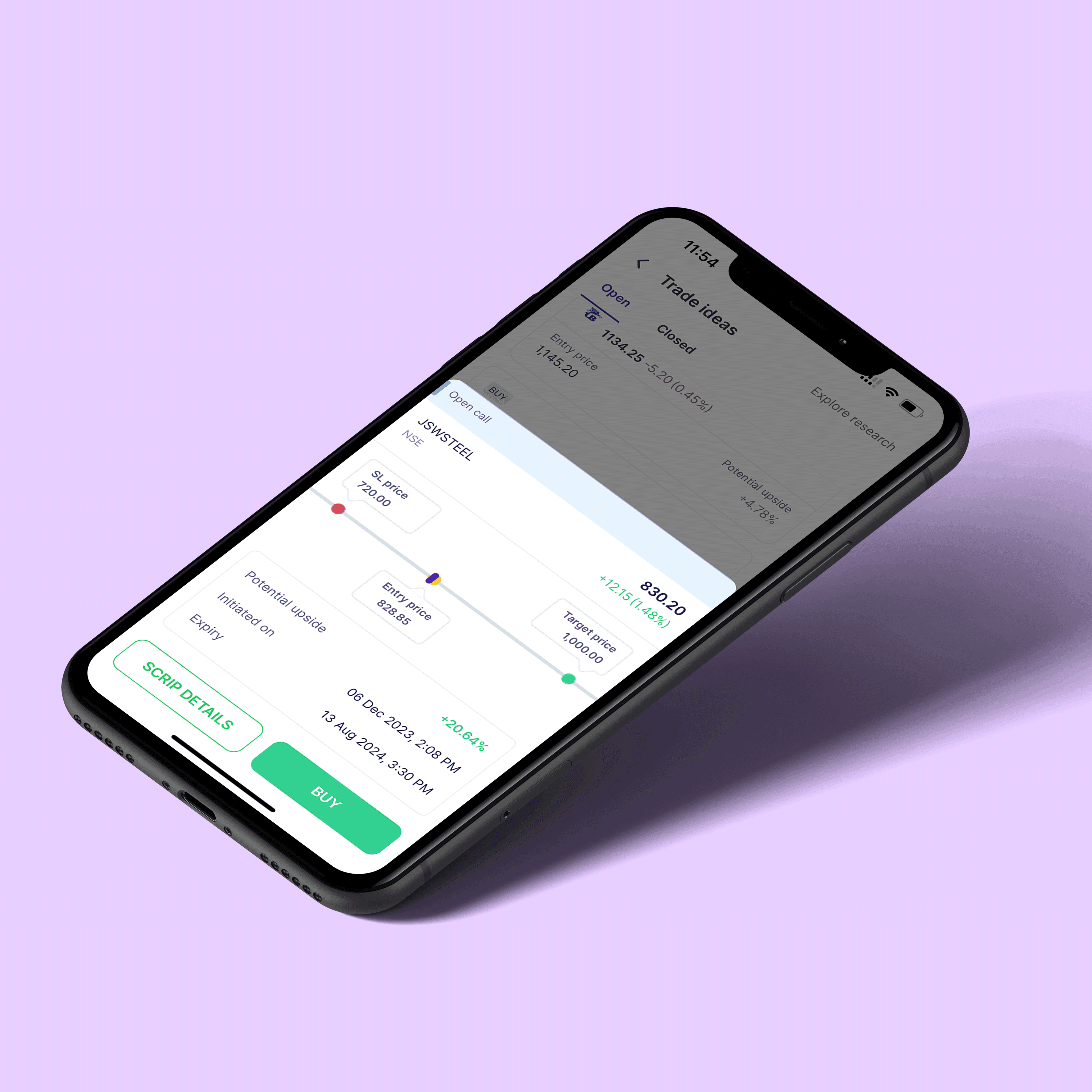 Fisdom trade idea and order detail shown on an angled phone