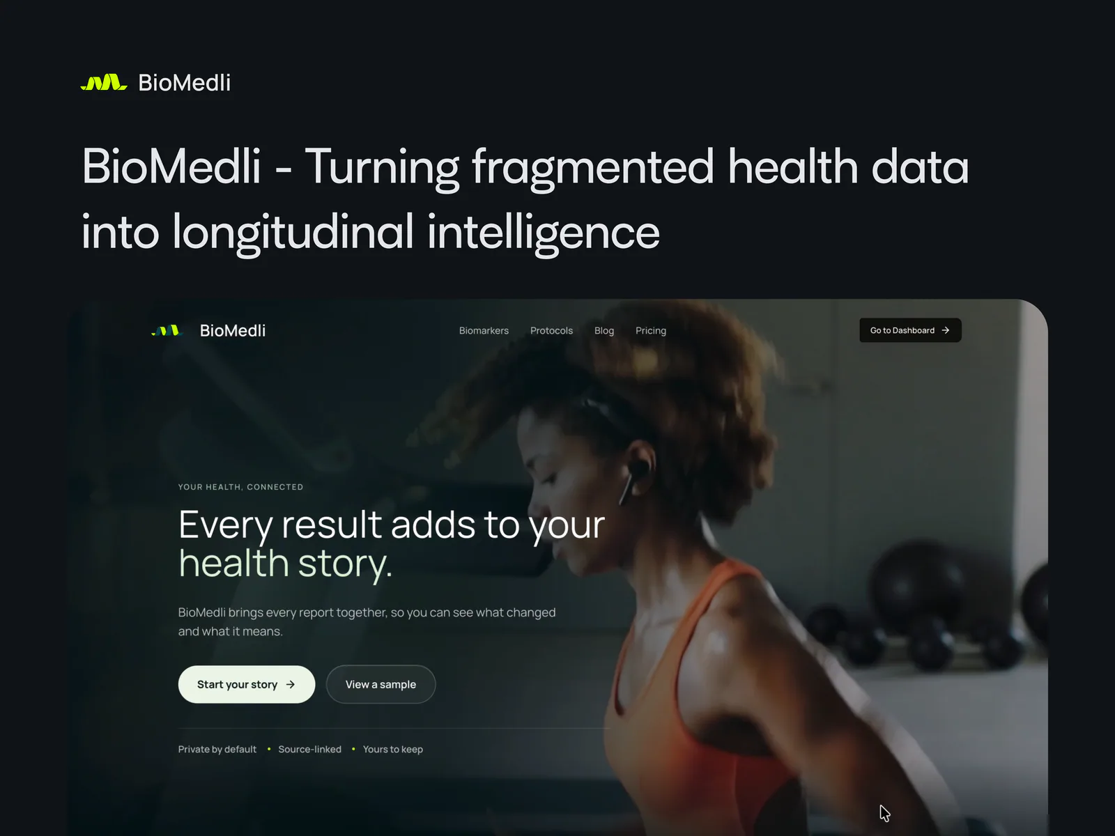 BioMedli health intelligence website with the headline Every result adds to your health story