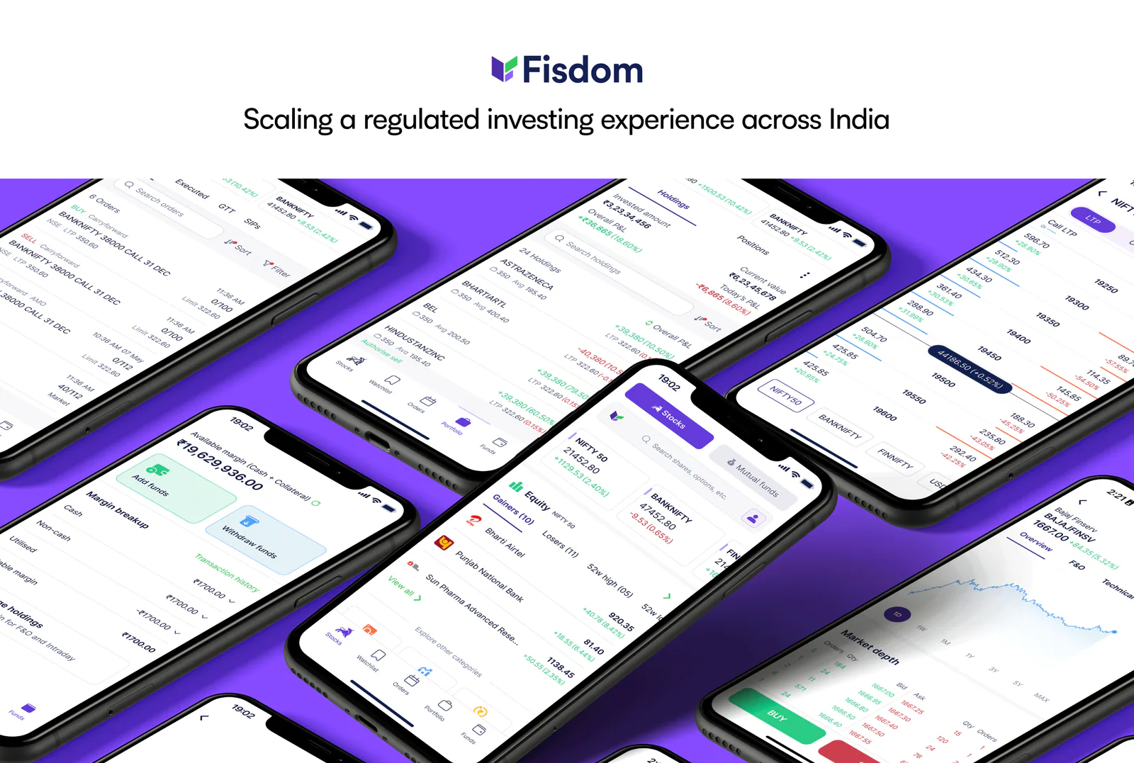 Fisdom investing and trading experiences shown across mobile screens