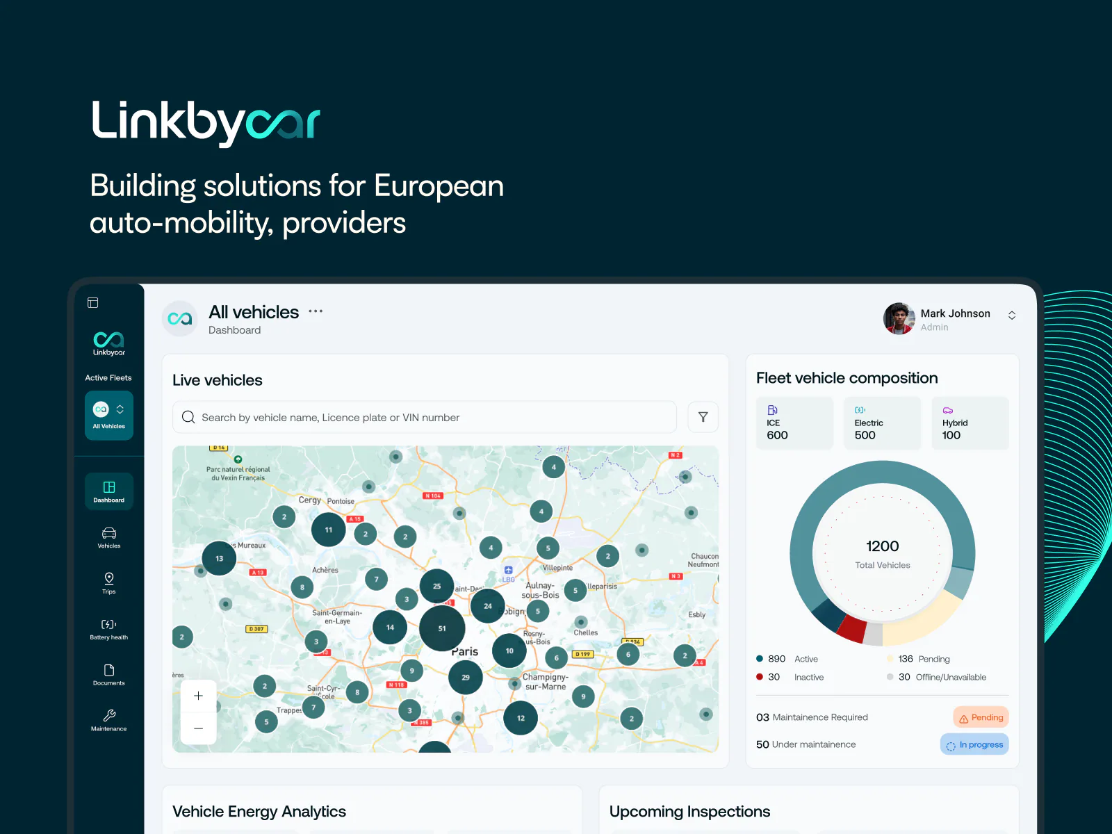 LinkByCar connected-fleet dashboard with map and vehicle status panels