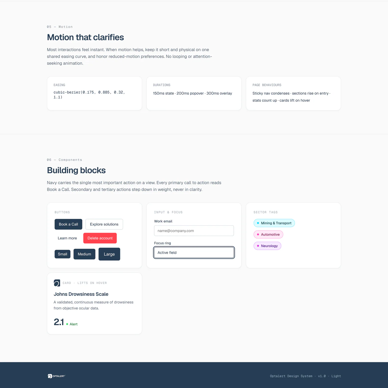 Optalert motion and interface component guidelines